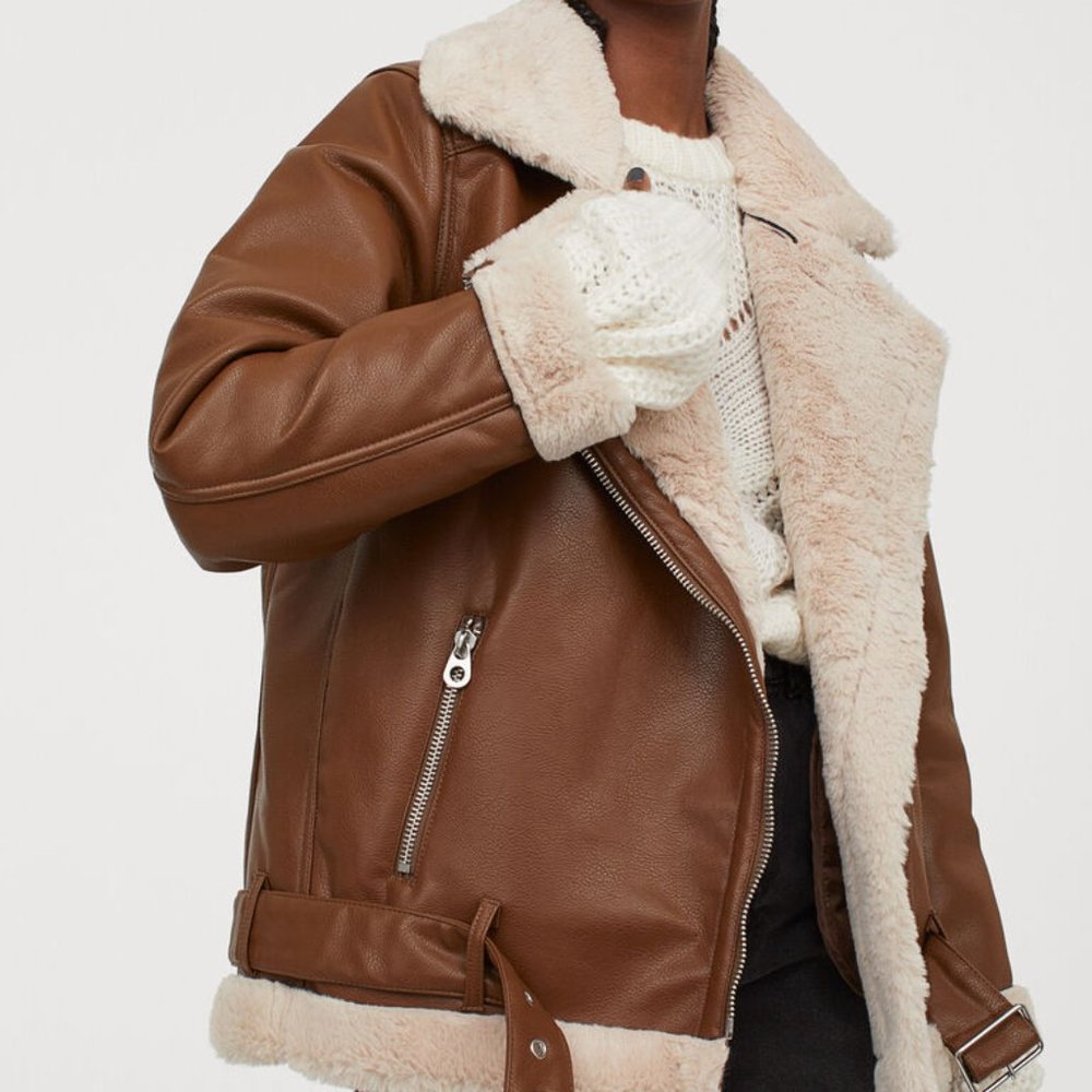Women's Brown Faux Leather Shearling Aviator Jacket